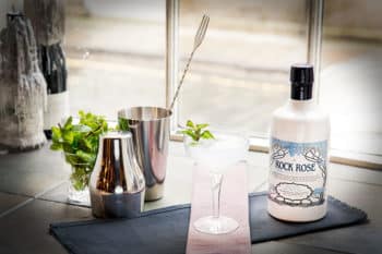 Bottle of Rock Rose Gin and Southwinds cocktail served in a coupe glass, with cocktail shaker and min sprigs