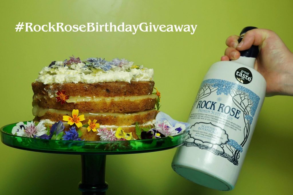 Bottle of Rock Rose Gin and birthday cake