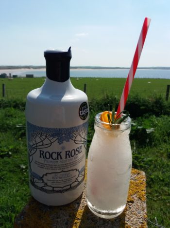 Bottle of Rock Rose Gin and Rock Rose Gin Slush served in a small glass bottle and garnished with a slice of orange and thyme sprig