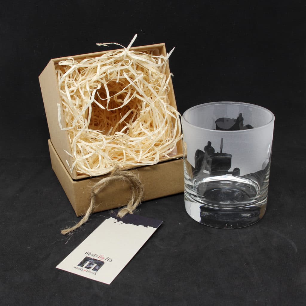 Tractors designed whisky glass by Marks & Pencils and box