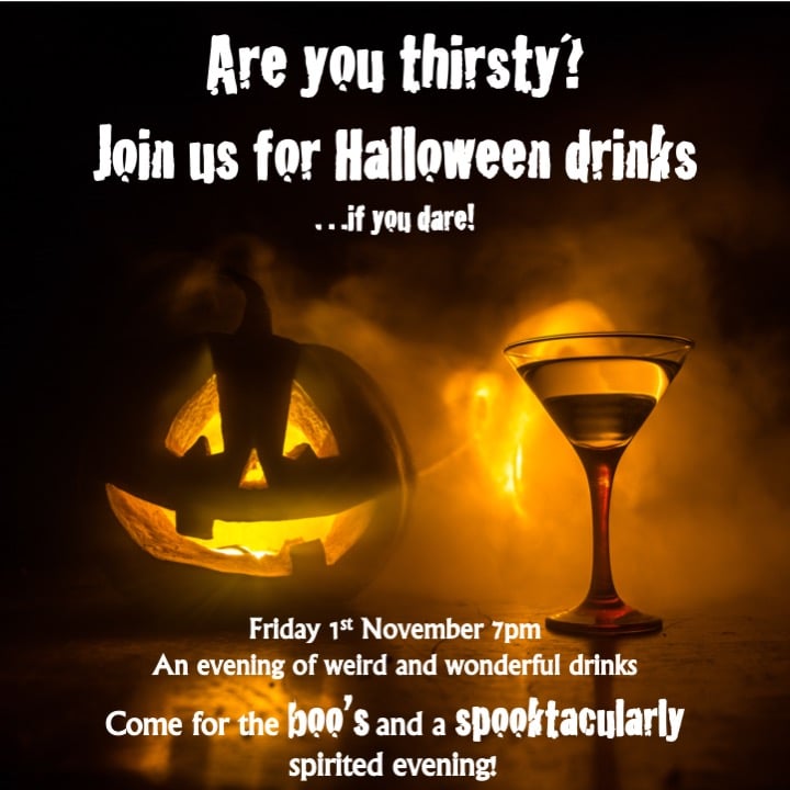 Poster with a carved pumpkin head lit up and a cocktail served in a coupe glass, in smoky atmosphere