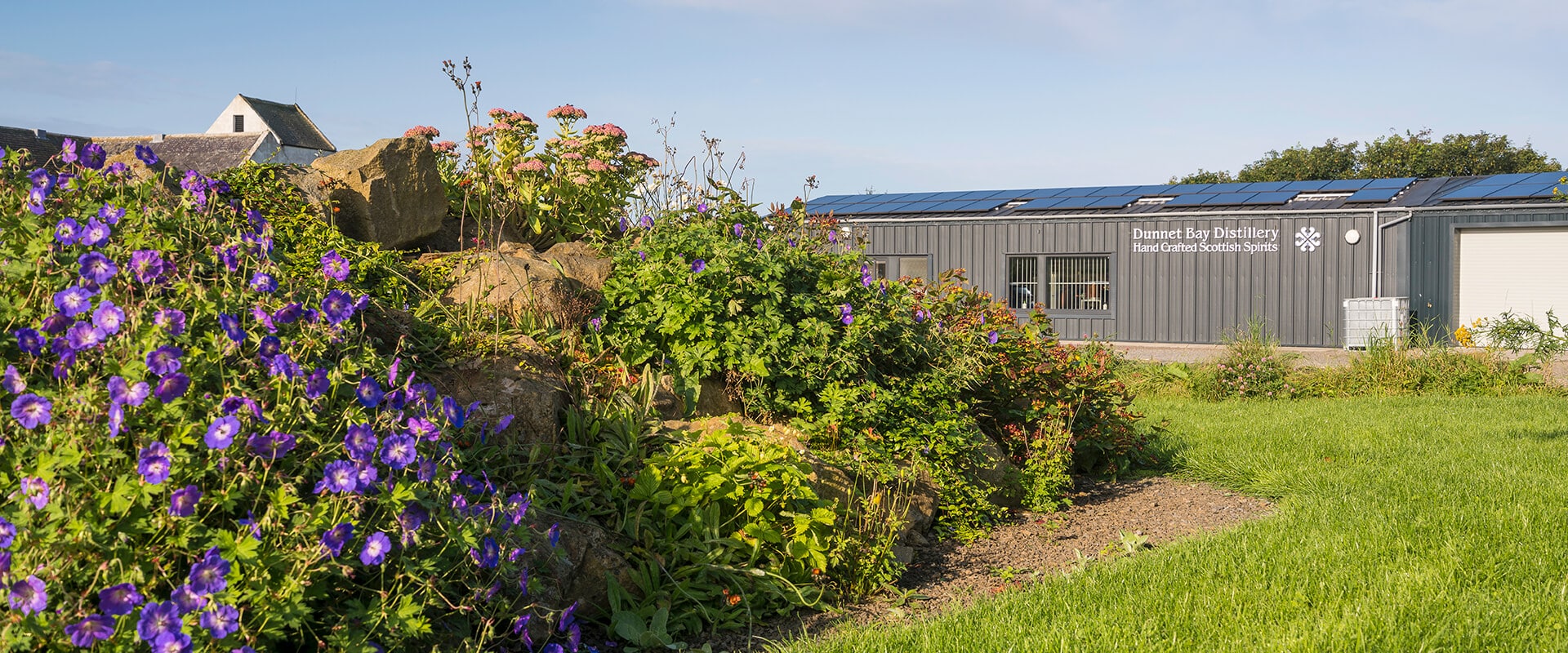 Dunnet Bay Distillery Exterior with Foliage in the Foreground