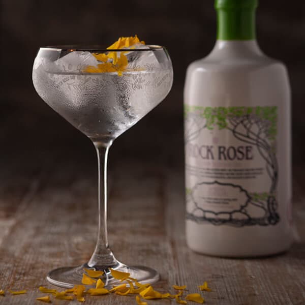 Bottle of Rock Rose Gin Spring Edition and Perfect Serve in a coupe glass