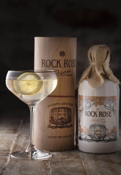 Rock Rose Reserve Sauterne Cask Edition and perfect serve in a coupe glass garnished with slice of lemon