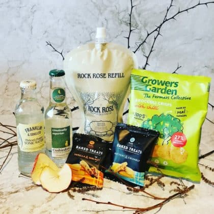 Content of the Refill Rewards Club box for January 2021 including Rock Rose Gin pouch, tonic waters, broccoli crisps and shortbreads