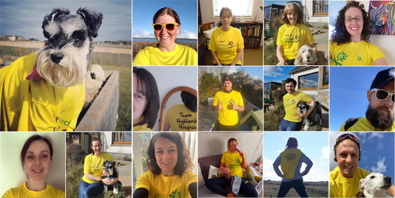 Distillery staff wearing yellow Highland Hospice t-shirt for the Highland Hospice Challenge