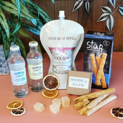Content of the Refill Rewards Club box for May 2021 including Rock Rose Gin pouch, tonic waters, Stag Cheese straws and Rock Rose Gin & Tonic treats