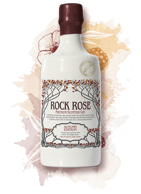 700ml bottle of Rock Rose Gin Autumn Edition with orange background and fruits and botanicals illustrations