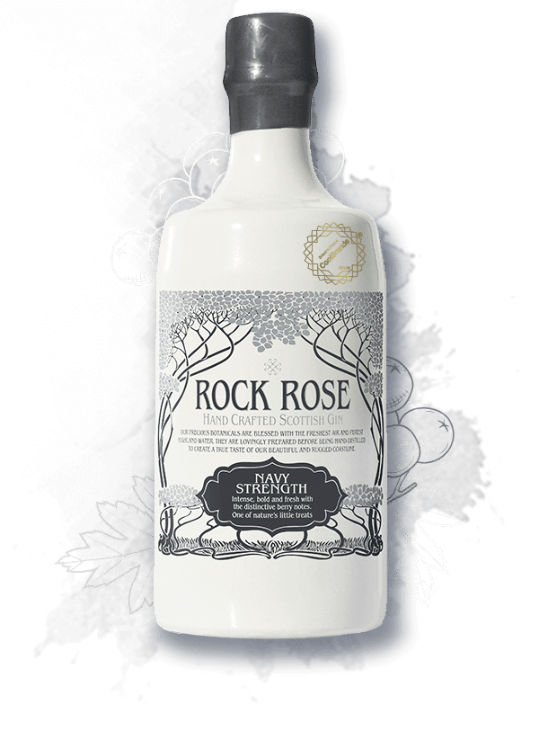 700ml bottle of Rock Rose Gin Navy Strength Edition with botanicals illustrations