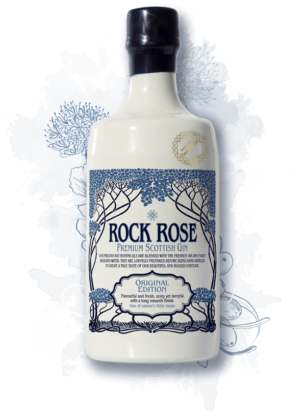 700ml bottle of Rock Rose Gin Original Edition with botanicals illustrations
