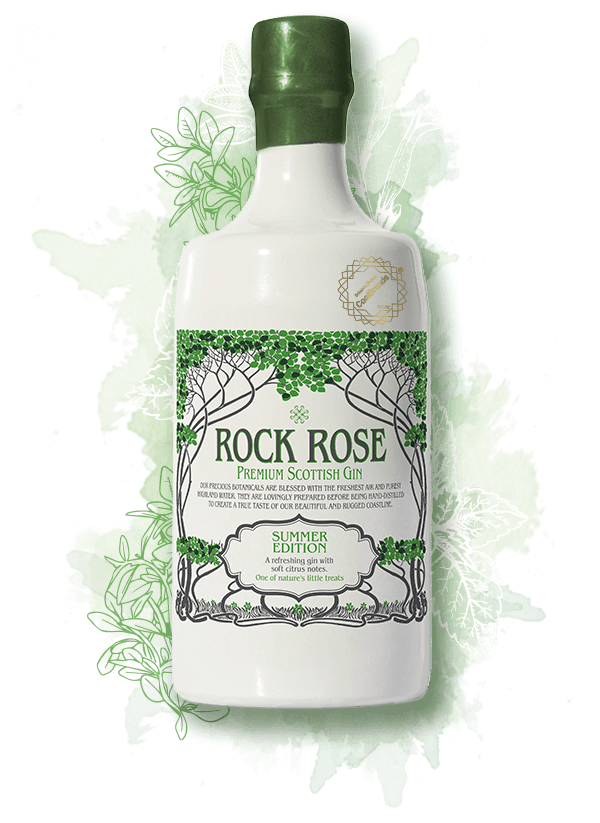 700ml bottle of Rock Rose Gin Summer Edition with green background and botanicals illustrations