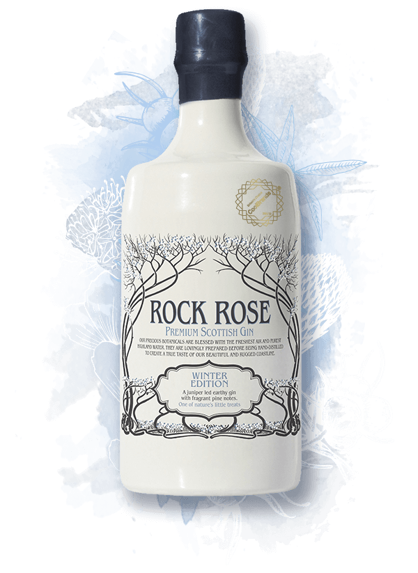 700ml bottle of Rock Rose Gin Winter Edition with blue background and botanicals illustrations