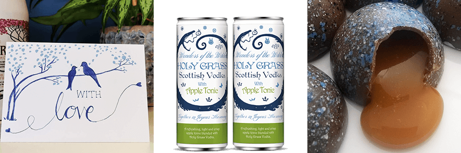 Content of the Valentine promotion with Caithness Chocolate, 2 cans of Holy Grass Vodka and apple tonic water, with a hand drawn Valentine's card