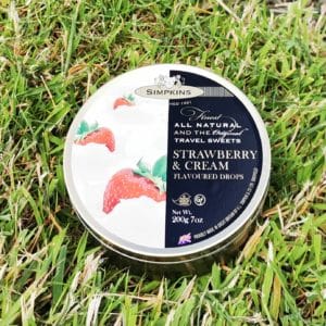 Metal round box of Simpkins Strawberry and Cream flavoured drops Travel Sweets