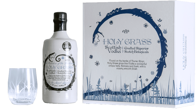 Content of the Holy Grass Vodka Gift Set with bottle of Holy Grass Vodka and branded glass