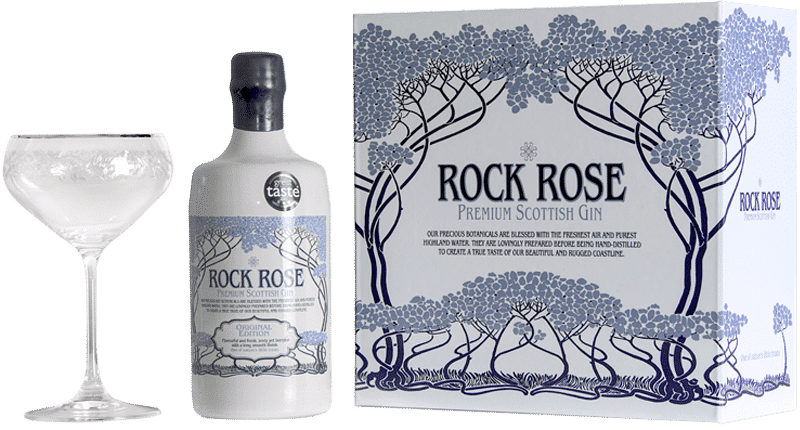 Content of the Rock Rose Gin Gift Set with bottle of Rock Rose Gin and branded glass