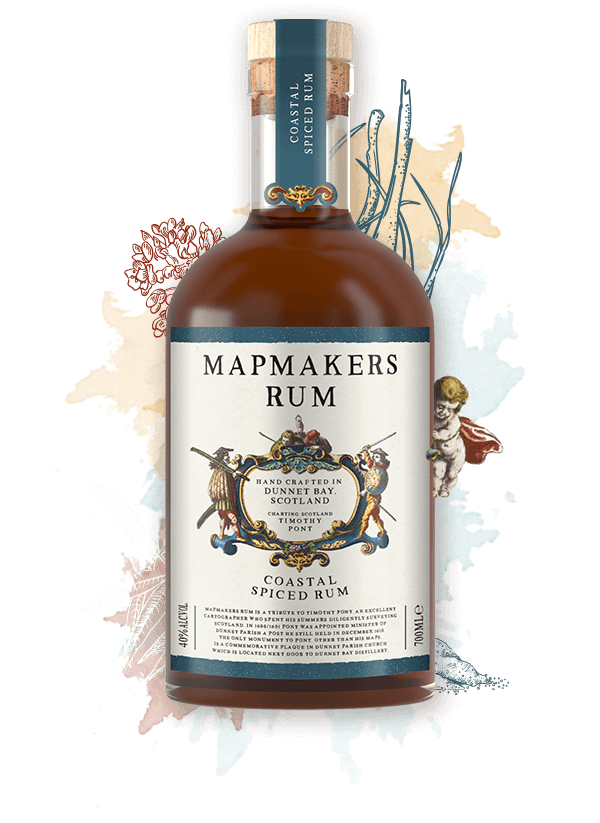700ml bottle of Coastal Spiced Mapmaker's Rum with botanical illustration and angel in the background