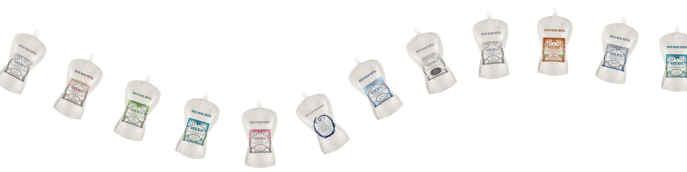 Banner of different refill pouches lined-up in the shape of a wave
