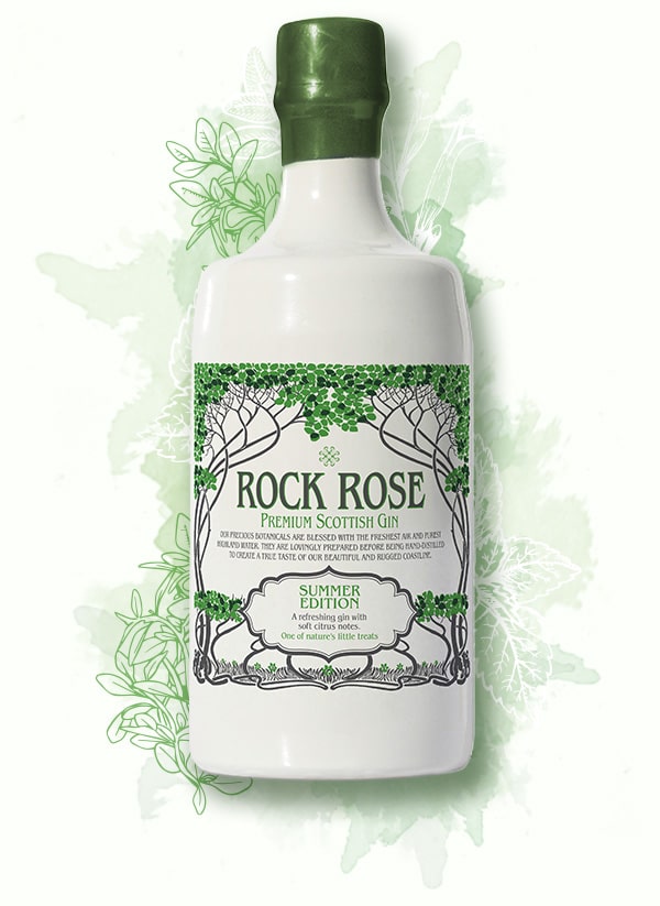 Rock Rose Gin Summer Edition bottle on a nice green background with leaves